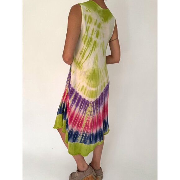 90s vintage floral tie dye hand painted boho beach flowy umbrella dress one size - Picture 4 of 9